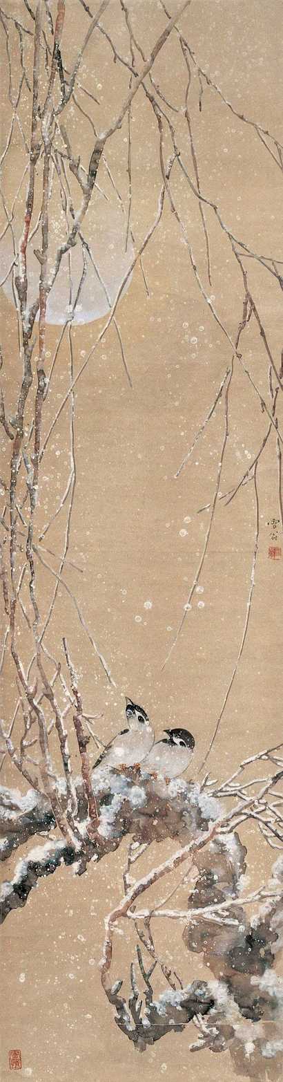 陈之佛 雪夜柳禽图 立轴